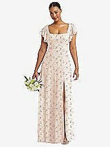 Front View Thumbnail - Coquette Floral Print Flutter Sleeve Scoop Open-Back Chiffon Maxi Dress