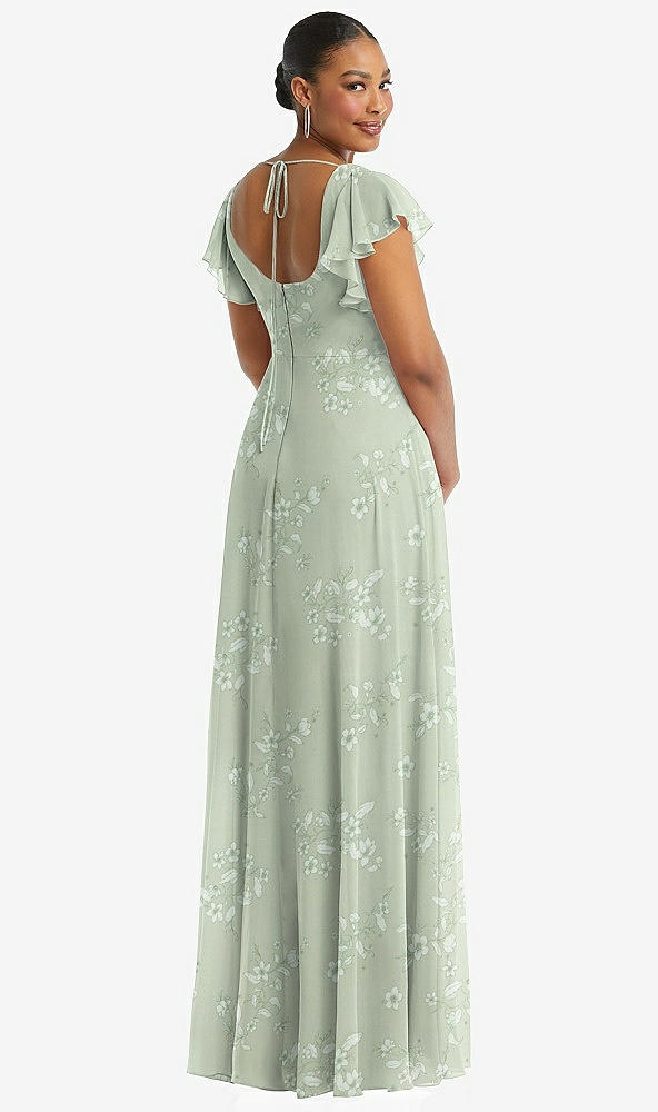 Back View - Vintage Primrose Sage Flutter Sleeve Scoop Open-Back Chiffon Maxi Dress