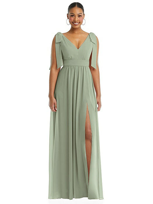 Plunge Neckline Bow Shoulder Empire Waist Chiffon Maxi Dress