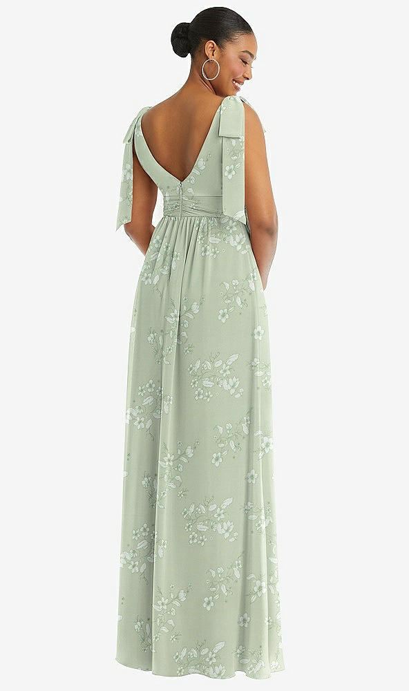 Back View - Vintage Primrose Sage Plunge Neckline Bow Shoulder Empire Waist Chiffon Maxi Dress