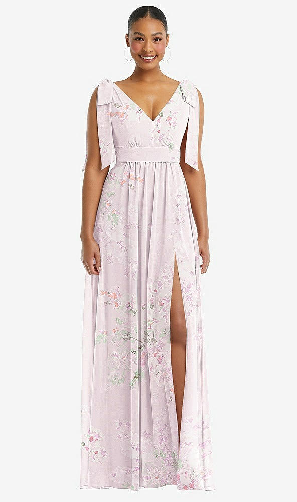 Front View - Watercolor Print Plunge Neckline Bow Shoulder Empire Waist Chiffon Maxi Dress