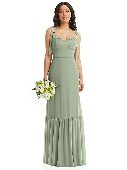 Tie-Shoulder Bustier Bodice Ruffle-Hem Maxi Dress