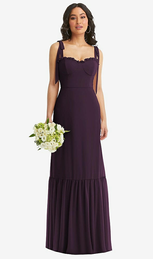 Front View - Aubergine Tie-Shoulder Bustier Bodice Ruffle-Hem Maxi Dress