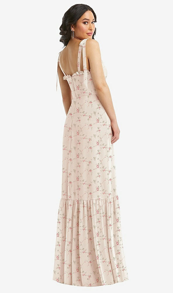 Back View - Coquette Floral Print Tie-Shoulder Bustier Bodice Ruffle-Hem Maxi Dress