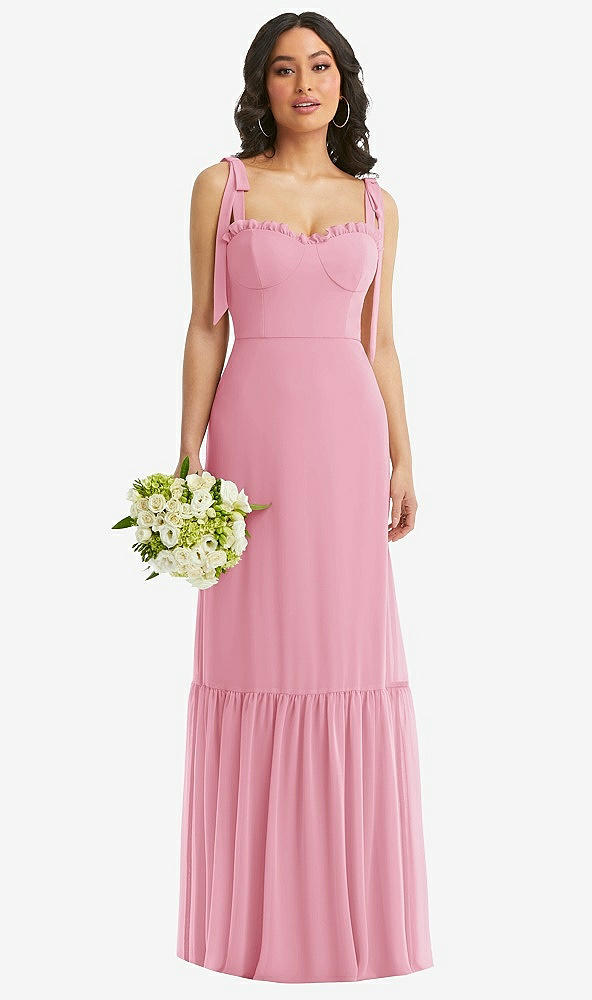 Front View - Peony Pink Tie-Shoulder Bustier Bodice Ruffle-Hem Maxi Dress