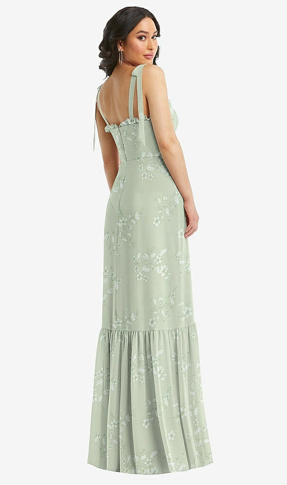 Back View - Vintage Primrose Sage Tie-Shoulder Bustier Bodice Ruffle-Hem Maxi Dress