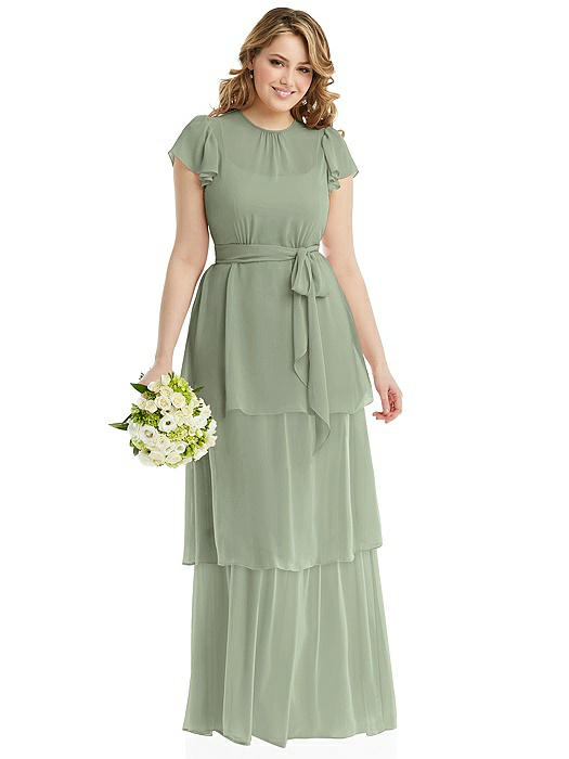 Flutter Sleeve Jewel Neck Chiffon Maxi Dress with Tiered Ruffle Skirt