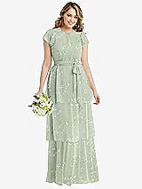 Front View Thumbnail - Vintage Primrose Sage Flutter Sleeve Jewel Neck Chiffon Maxi Dress with Tiered Ruffle Skirt