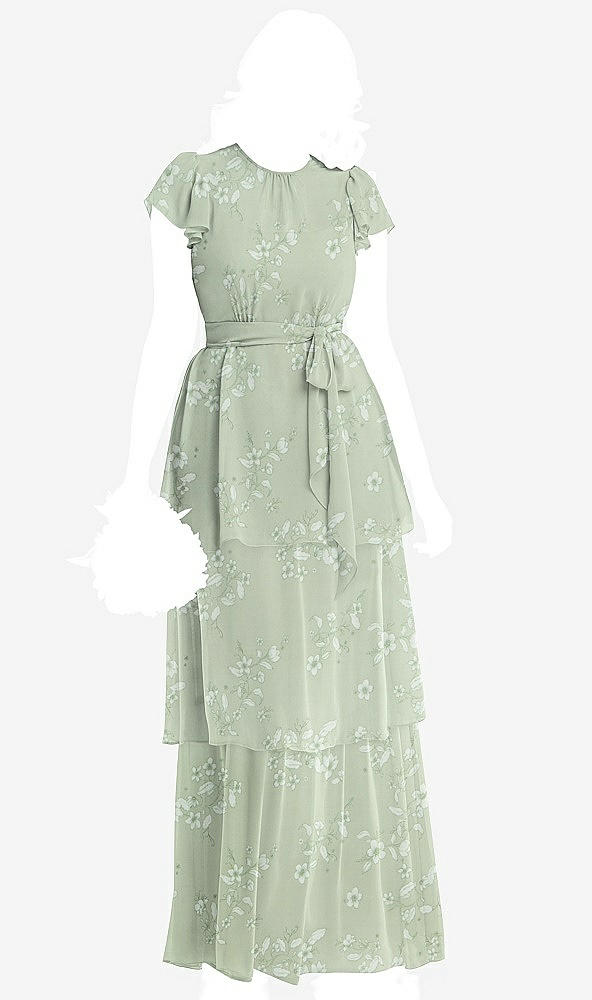 Front View - Vintage Primrose Sage Flutter Sleeve Jewel Neck Chiffon Maxi Dress with Tiered Ruffle Skirt