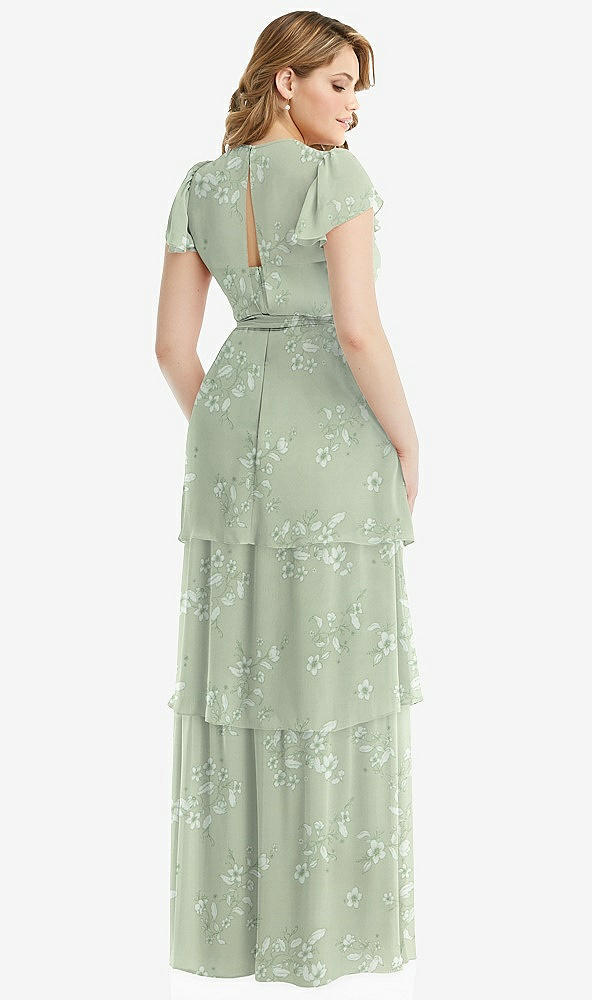 Back View - Vintage Primrose Sage Flutter Sleeve Jewel Neck Chiffon Maxi Dress with Tiered Ruffle Skirt