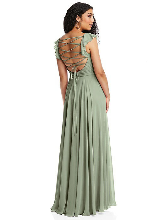 Shirred Cross Bodice Lace Up Open-Back Maxi Dress with Flutter Sleeves