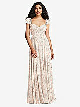 Rear View Thumbnail - Coquette Floral Print Shirred Cross Bodice Lace Up Open-Back Maxi Dress with Flutter Sleeves