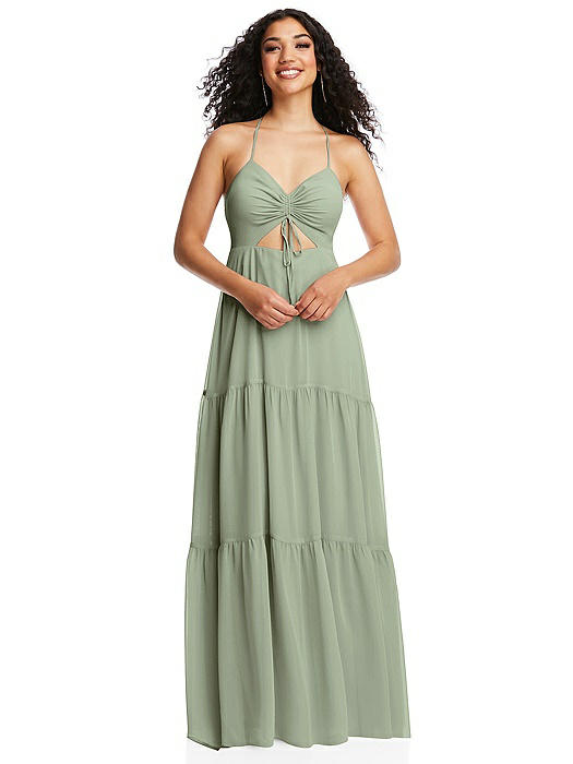 Drawstring Bodice Gathered Tie Open-Back Maxi Dress with Tiered Skirt