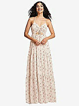 Front View Thumbnail - Coquette Floral Print Drawstring Bodice Gathered Tie Open-Back Maxi Dress with Tiered Skirt