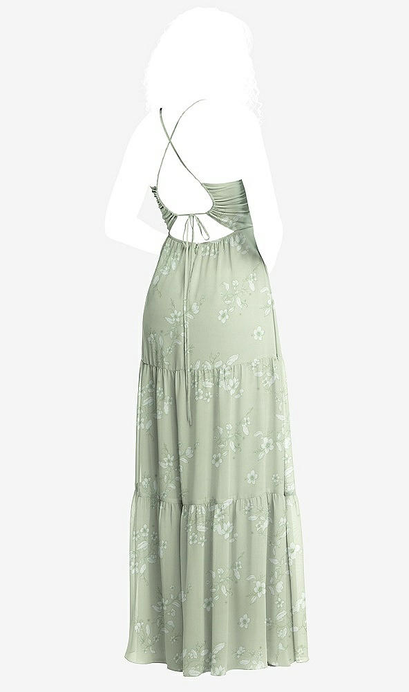 Back View - Vintage Primrose Sage Drawstring Bodice Gathered Tie Open-Back Maxi Dress with Tiered Skirt