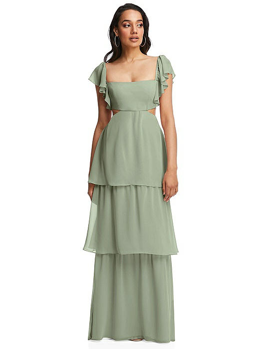 Flutter Sleeve Cutout Tie-Back Maxi Dress with Tiered Ruffle Skirt