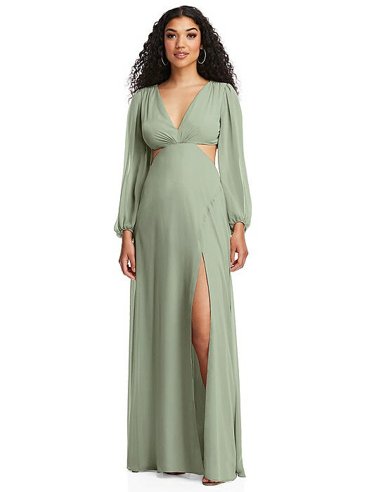 Long Puff Sleeve Cutout Waist Chiffon Maxi Dress 