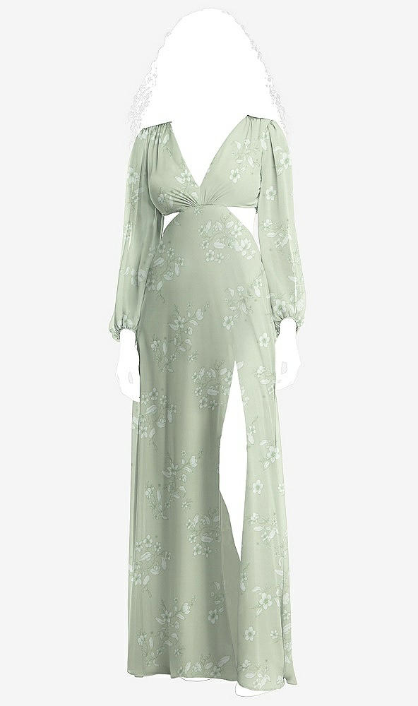 Front View - Vintage Primrose Sage Long Puff Sleeve Cutout Waist Chiffon Maxi Dress 