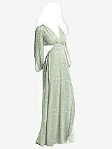 Side View Thumbnail - Vintage Primrose Sage Long Puff Sleeve Cutout Waist Chiffon Maxi Dress 