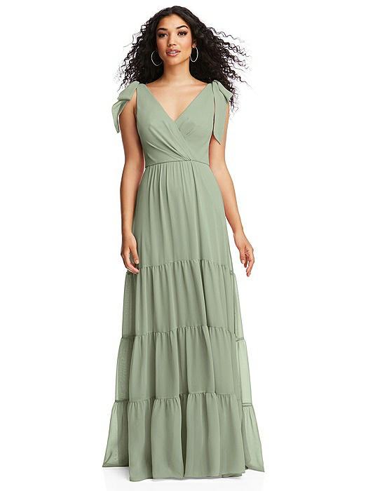 Bow-Shoulder Faux Wrap Maxi Dress with Tiered Skirt