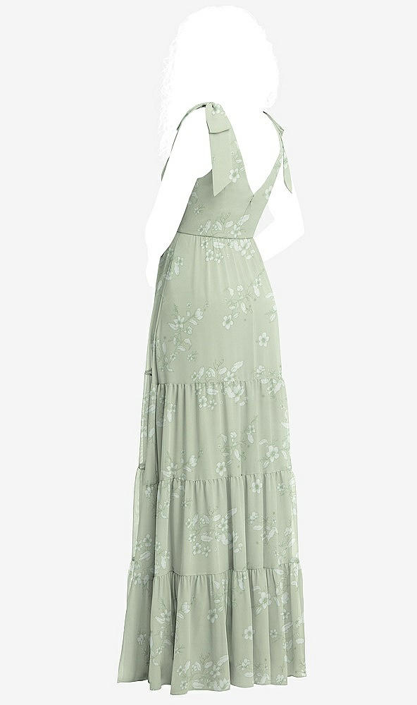 Back View - Vintage Primrose Sage Bow-Shoulder Faux Wrap Maxi Dress with Tiered Skirt