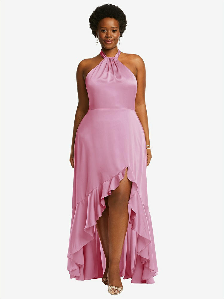 Ruffle trimmed Neckline Cutout Tie back Trumpet Bridesmaid Dress In Powder Pink The Dessy Group