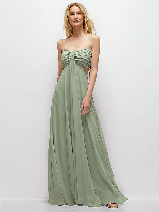 Strapless Empire Waist Cutout Maxi Dress with Covered Button Detail