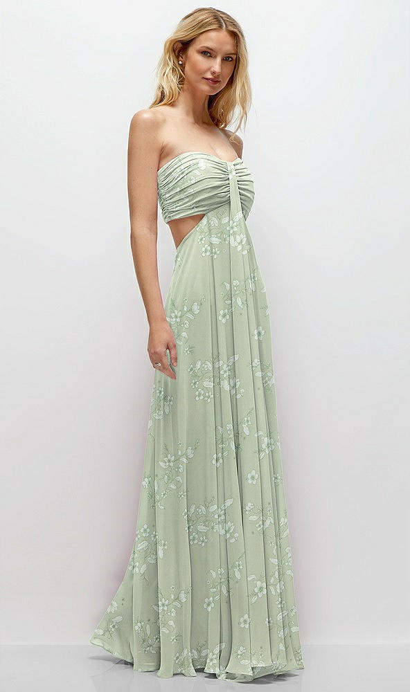 Back View - Vintage Primrose Sage Strapless Empire Waist Cutout Maxi Dress with Covered Button Detail