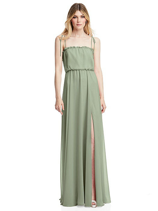 Skinny Tie-Shoulder Ruffle-Trimmed Blouson Maxi Dress