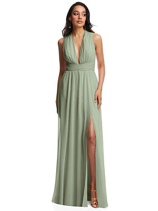 Shirred Deep Plunge Neck Closed Back Chiffon Maxi Dress 