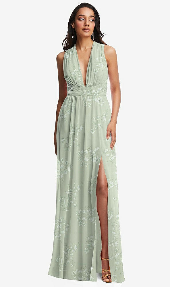 Front View - Vintage Primrose Sage Shirred Deep Plunge Neck Closed Back Chiffon Maxi Dress 