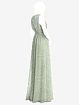 Rear View Thumbnail - Vintage Primrose Sage Shirred Deep Plunge Neck Closed Back Chiffon Maxi Dress 