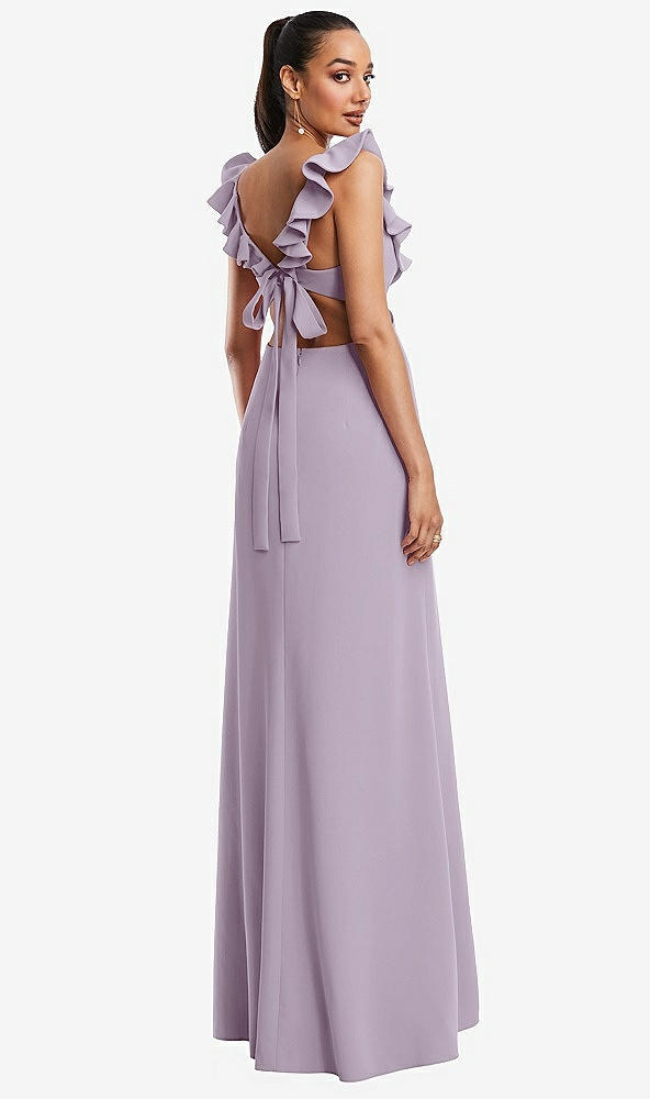 Back View - Lilac Haze Ruffle-Trimmed Neckline Cutout Tie-Back Trumpet Gown