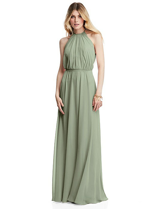 Illusion Back Halter Maxi Dress with Covered Button Detail