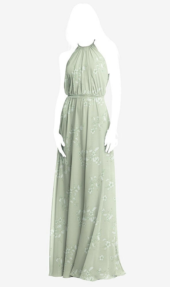 Front View - Vintage Primrose Sage Illusion Back Halter Maxi Dress with Covered Button Detail