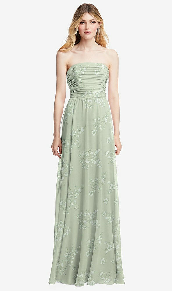 Front View - Vintage Primrose Sage Shirred Bodice Strapless Chiffon Maxi Dress with Optional Straps