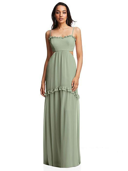 Ruffle-Trimmed Cutout Tie-Back Maxi Dress with Tiered Skirt