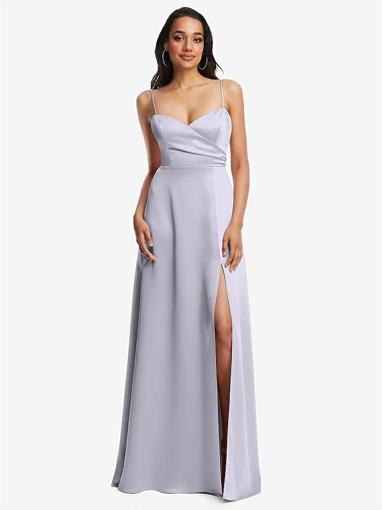 Adjustable Strap Faux Wrap Maxi Bridesmaid Dress With Covered Button  Details In Silver Dove | The Dessy Group