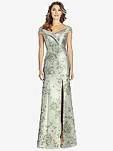 Front View Thumbnail - Cottage Rose Sage Off-the-Shoulder Cuff Floral Trumpet Gown with Front Slit