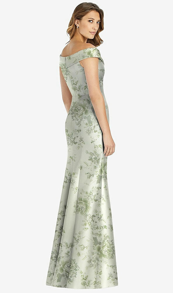 Back View - Cottage Rose Sage Off-the-Shoulder Cuff Floral Trumpet Gown with Front Slit