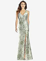 Front View Thumbnail - Cottage Rose Sage V-Neck Halter Floral Satin Trumpet Gown with Front Slit