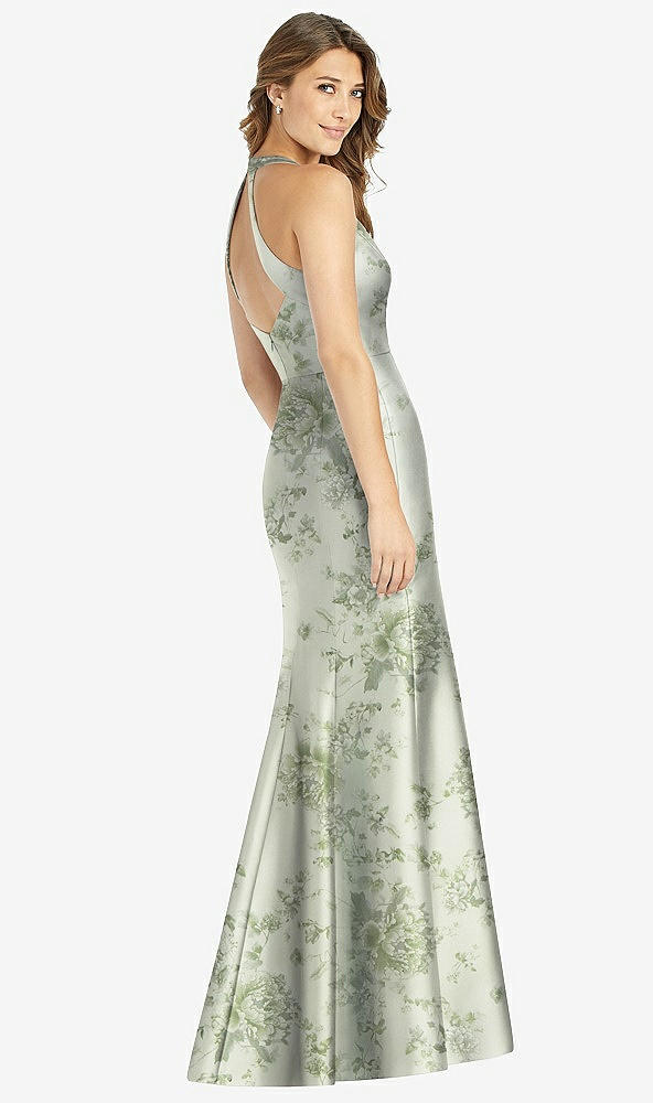 Back View - Cottage Rose Sage V-Neck Halter Floral Satin Trumpet Gown with Front Slit