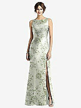 Front View Thumbnail - Cottage Rose Sage Sleeveless Floral Satin Trumpet Gown with Bow at Open-Back