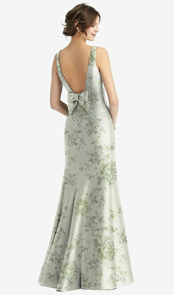 Back View - Cottage Rose Sage Sleeveless Floral Satin Trumpet Gown with Bow at Open-Back