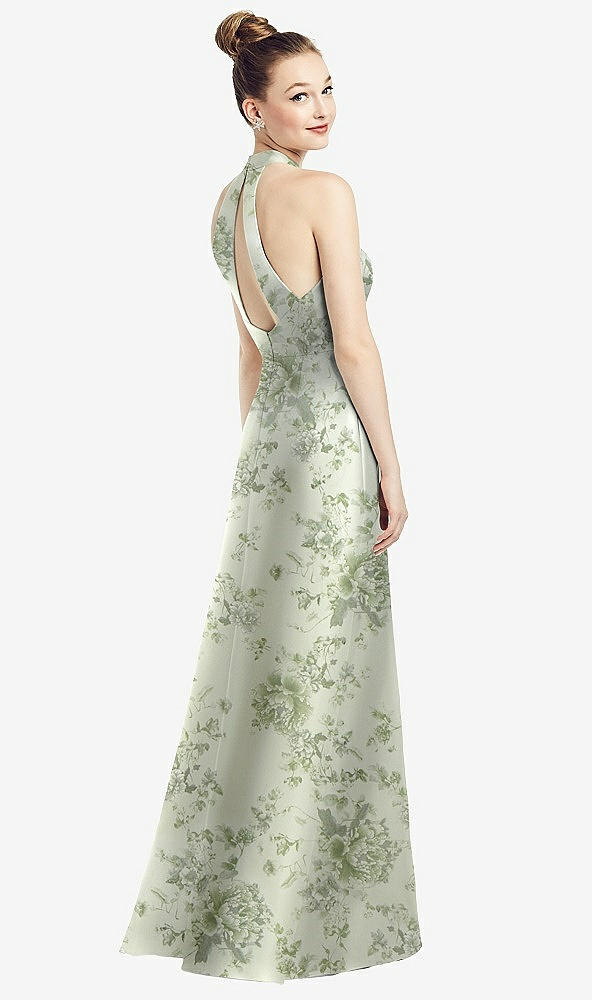 Back View - Cottage Rose Sage High-Neck Cutout Floral Satin Dress with Pockets