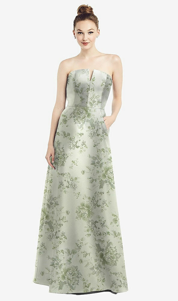 Front View - Cottage Rose Sage Strapless Notch Floral Satin Gown with Pockets