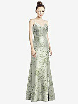 Front View Thumbnail - Cottage Rose Sage Open-Back Bow Tie Floral Satin Trumpet Gown