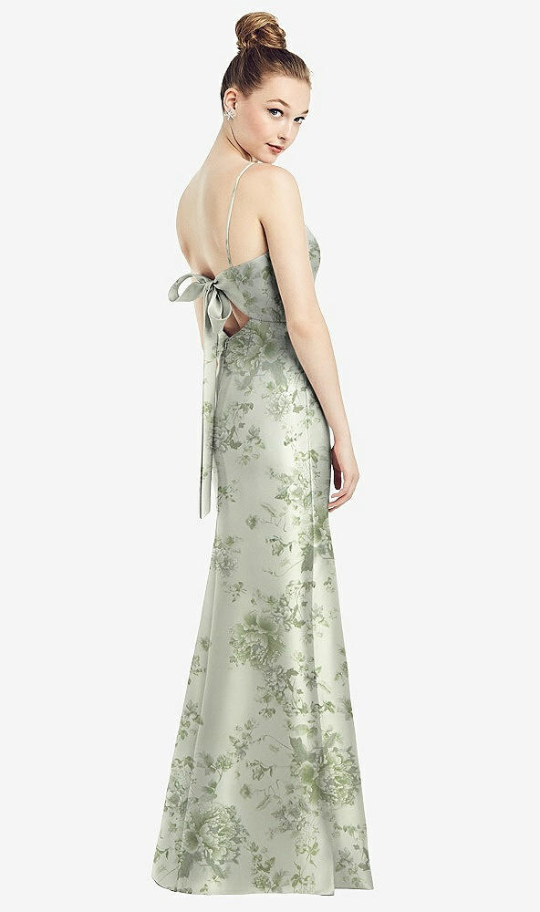 Back View - Cottage Rose Sage Open-Back Bow Tie Floral Satin Trumpet Gown