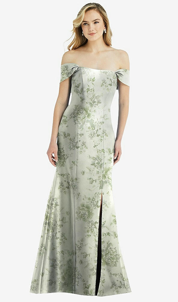 Front View - Cottage Rose Sage Off-the-Shoulder Bow-Back Floral Satin Trumpet Gown