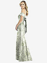 Side View Thumbnail - Cottage Rose Sage Off-the-Shoulder Bow-Back Floral Satin Trumpet Gown